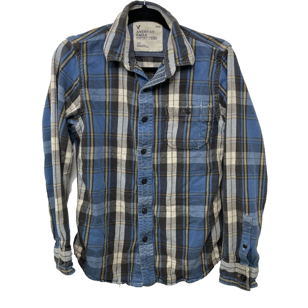 American Eagle Flannel Shirt Men S Blue Plaid Button Up 100% Cotton Country Farm